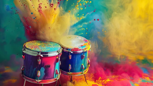 isolated drum with colorful paint powder on background. Creative rainbow music artwork