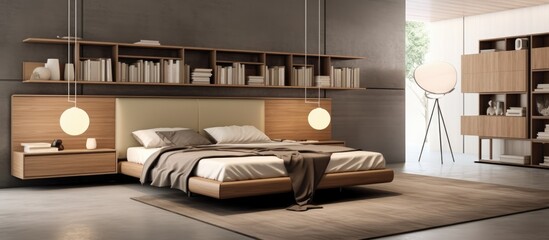 Modern Bedroom Interior with Wooden Bookshelf