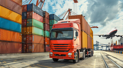 Logistics import export of containers cargo freight ship, truck transport with red container on highway at port cargo shipping dock yard background, copy space, plane, transportation industry concept.
