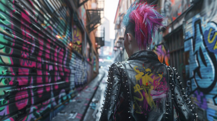 In a graffiticovered alleyway a woman rocks a punkinspired look with a studded leather jacket ripped fishnet stockings and a colorful mohawk. The edgy ensembles seen at the