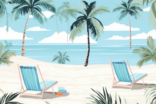 Capture the essence of a tropical getaway with a seamless pattern of beach elements, featuring palm leaves, coconuts, and beach chairs, Generative AI