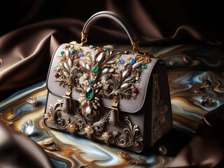 Luxury handbag for women, beautiful bag for ladies, fashion style design, flower embroidery texture with pearls and gems, background is marble