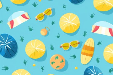 Dive into the summer spirit with a seamless pattern featuring beach essentials like sunscreen, beach towels, and colorful beach balls, Generative AI
