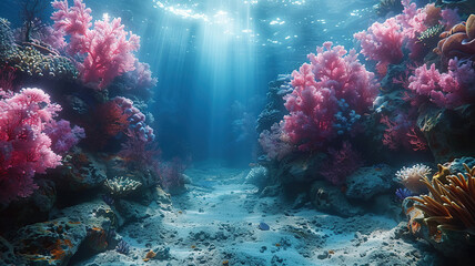 Underwater seascape with sunbeams, vibrant red coral, and a serene blue ocean ambiance. - obrazy, fototapety, plakaty