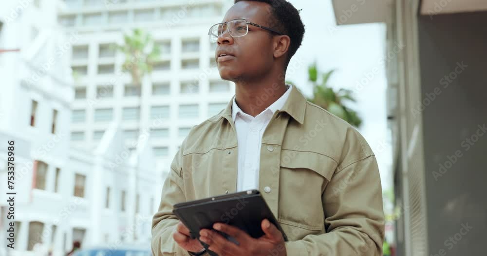 Aufkleber business, city and black man with tablet, thinking and internet with connection and solution. africa