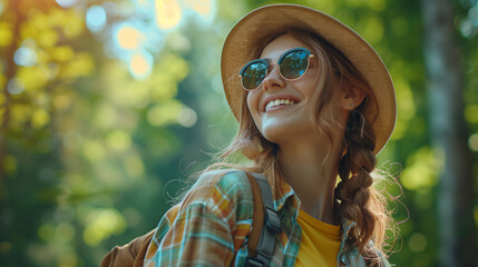 Beautiful young woman wearing hat, sunglasses, and backpack walking in lush green forest.