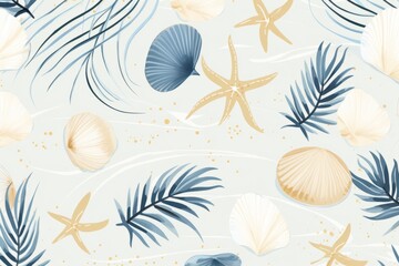 Elevate your project with the soothing ambiance of a seamless pattern featuring beach elements like seashells, palm fronds, Generative AI