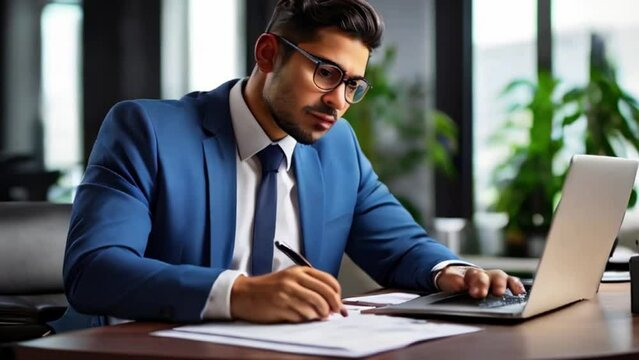 Financial accountant, auditor or business man doing paperwork in the office. Young corporate employee or businessman sitting at desk with laptop computer and looking at data sheets that he is holding