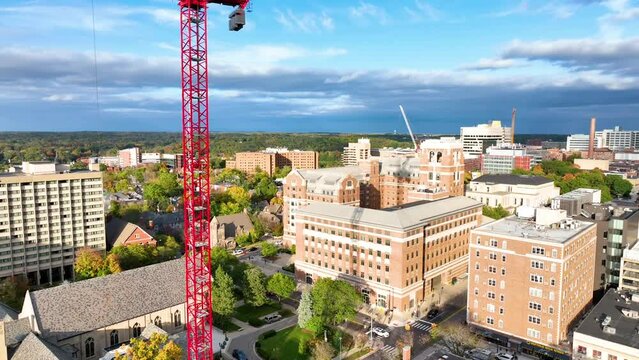Aerial View of Construction Scene with Crane in Ann Arbor
