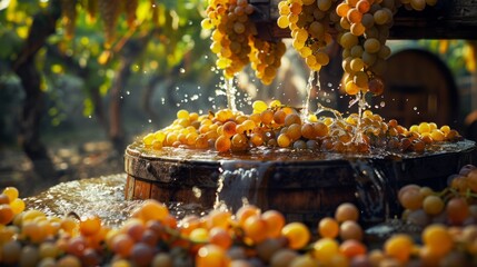 Golden grapes being harvested in a vineyard, showcasing the lively wine harvest season.