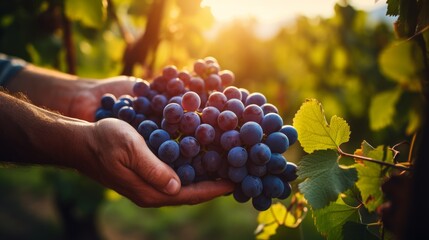 Hands holding ripe grapes in a vineyard, symbolizing the harvest and natural produce. - obrazy, fototapety, plakaty