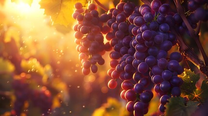 Sunlit clusters of ripe wine grapes on the vine, portraying a bountiful harvest. - obrazy, fototapety, plakaty