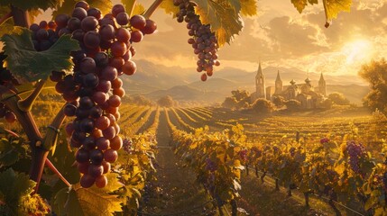 Vineyard at sunset with ripe grape clusters, a romantic view of winemaking and terroir.