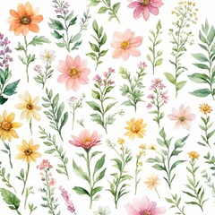 Fototapeta na wymiar Botanical Bliss, Watercolor, Wildflowers, Clip Art, brings the allure of wildflowers to your designs, providing versatile options for use in invitations, greeting cards, digital artwork