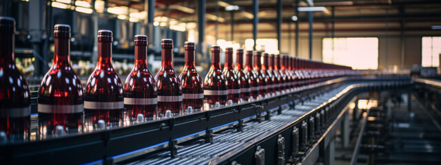 Automated wine bottling production line inside a brewery, highlighting modern manufacturing. - obrazy, fototapety, plakaty