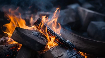 Papier Peint photo Texture du bois de chauffage Burning firewood in a campfire, close-up.