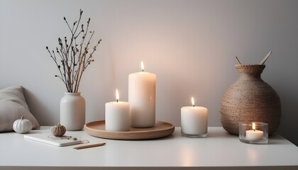 Obraz na płótnie Canvas Clean Aesthetic Scandinavian style table with decorations 