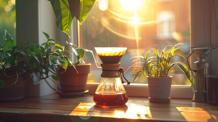 Morning coffee brewing by the window, with sunlight filtering through plants.