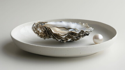 Oyster and pearl on a ceramic plate, symbolizing luxury and nature's beauty.