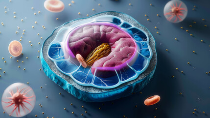 3D medical illustration of a human cell in the process of mitosis, detailed and educational.