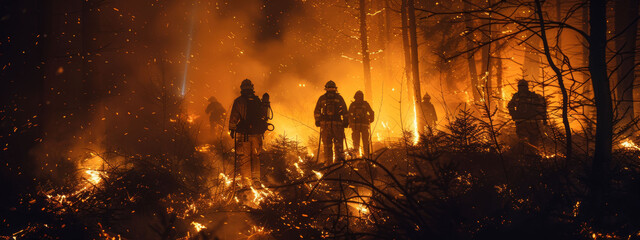 Firefighters silhouette against a raging forest fire, depicting bravery and emergency response. - obrazy, fototapety, plakaty
