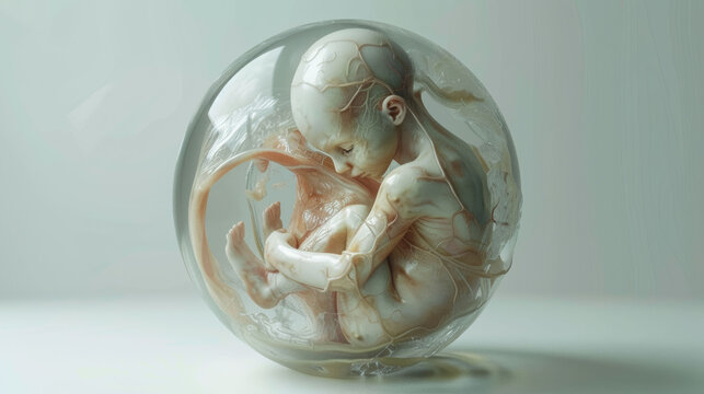 Sculpture of a fetus in the womb encapsulated in a transparent sphere, concept art.