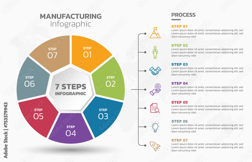 Aufkleber Visual data presentation. Cycle diagram with 7 options. Pie Chart Circle infographic template with 7 steps, options, parts, segments. Business concept. Marketing infographic vector illustration.