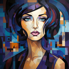 Geometric Cubist Portrait of a Woman in Blue Tones

