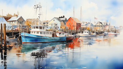 A tranquil watercolor composition capturing the serene beauty of a waterfront cityscape, with boats, docks, and colorful reflections in the water - obrazy, fototapety, plakaty