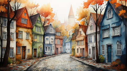 Fototapeta na wymiar In the watercolor illustration, a charming street is lined with colorful, Victorian-style row houses.