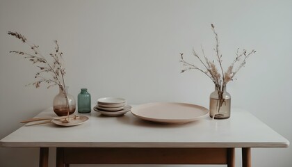 Clean Aesthetic Scandinavian style table with decorations. Zen. Spiritual