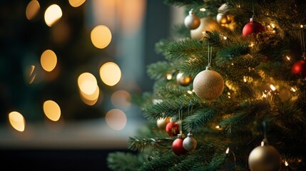 Christmas tree with golden balls, lights and bokeh background