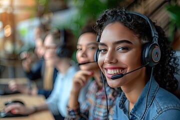 A customer service team wearing headsets and solving client issues with a smile - obrazy, fototapety, plakaty
