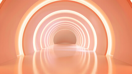 Naklejka premium Futuristic Peach Light Tunnel in Reflective Space