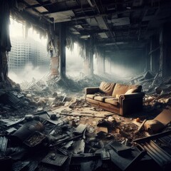 apocalyptic scene of a building interior with a lot of rubble, the sofa exudes a feeling of calm but abandonment