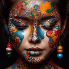 This stunning woman is rocking vibrant face paint that reflects her unique and creative spirit. 