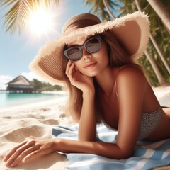 woman with glasses and a hat sunbathing calmly and relaxed on the beach