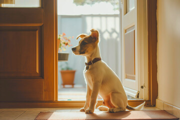 Puppy dog patiently sitting by front door, eagerly awaiting an outing with their owner - obrazy, fototapety, plakaty