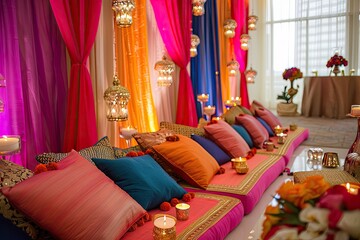 A festive Indian wedding celebration with colorful decorations and traditional attire - obrazy, fototapety, plakaty