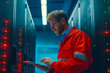 Portrait of IT Specialist Uses tablet in Data Center. Server Farm Cloud Computing Facility with Male Maintenance Administrator Working. Cyber Security and Network Protection