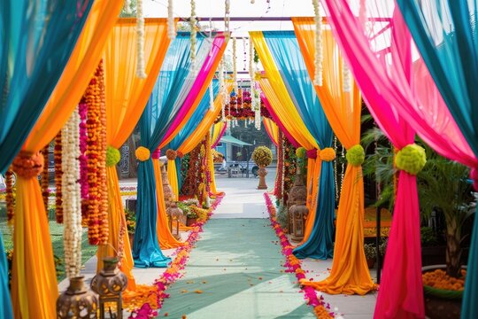 A festive Indian wedding celebration with colorful decorations and traditional attire