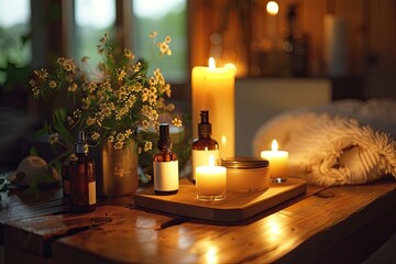 A tranquil image of a nighttime skincare routine by candlelight