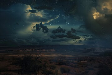 Obraz premium A night desert storm with northern lights visible in the sky