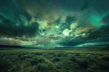 A night desert storm with northern lights visible in the sky