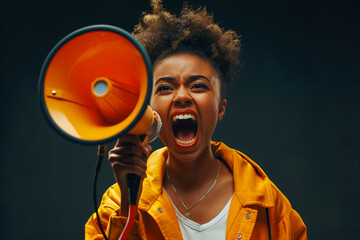 Noisy millennial gen z African American girl on black studio background yell shout of good sale deal or discount. Loud angry ethnic woman holding a megaphone to make announcement. Attention concept. - obrazy, fototapety, plakaty