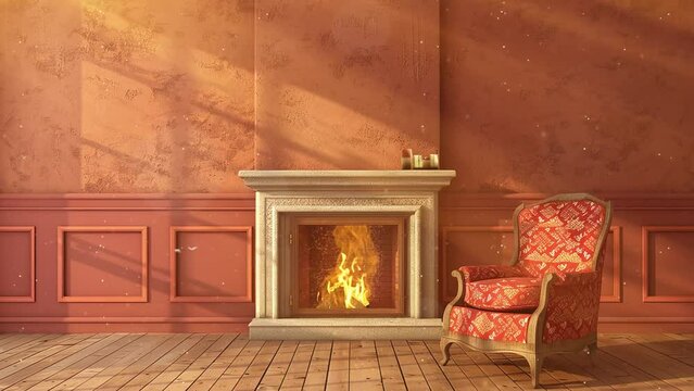 interior with fireplace 3d render. seamless looping overlay 4k virtual video animation background
