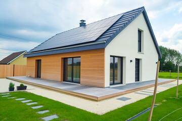 New modern eco friendly passive house with a photovoltaic system on the roof and landscaped yard