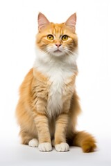 A cat sitting on white background looking at the camera.