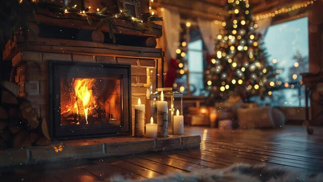 warm house with fireplace and blurred christmas tree in background. warm cozy fireplace with real wood burning in it. seamless looping overlay 4k virtual video animation background