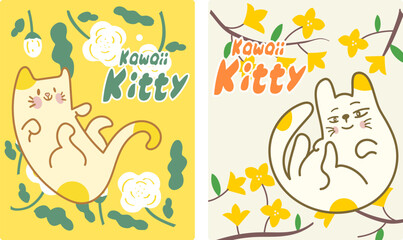 Kawaii Cats vector illustration  Smiling Kitty, cute and round-faced cat